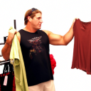 Bodybuilder shopping for clothes