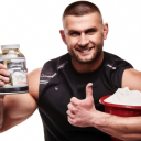 Bodybuilder enjoying sponsor's product